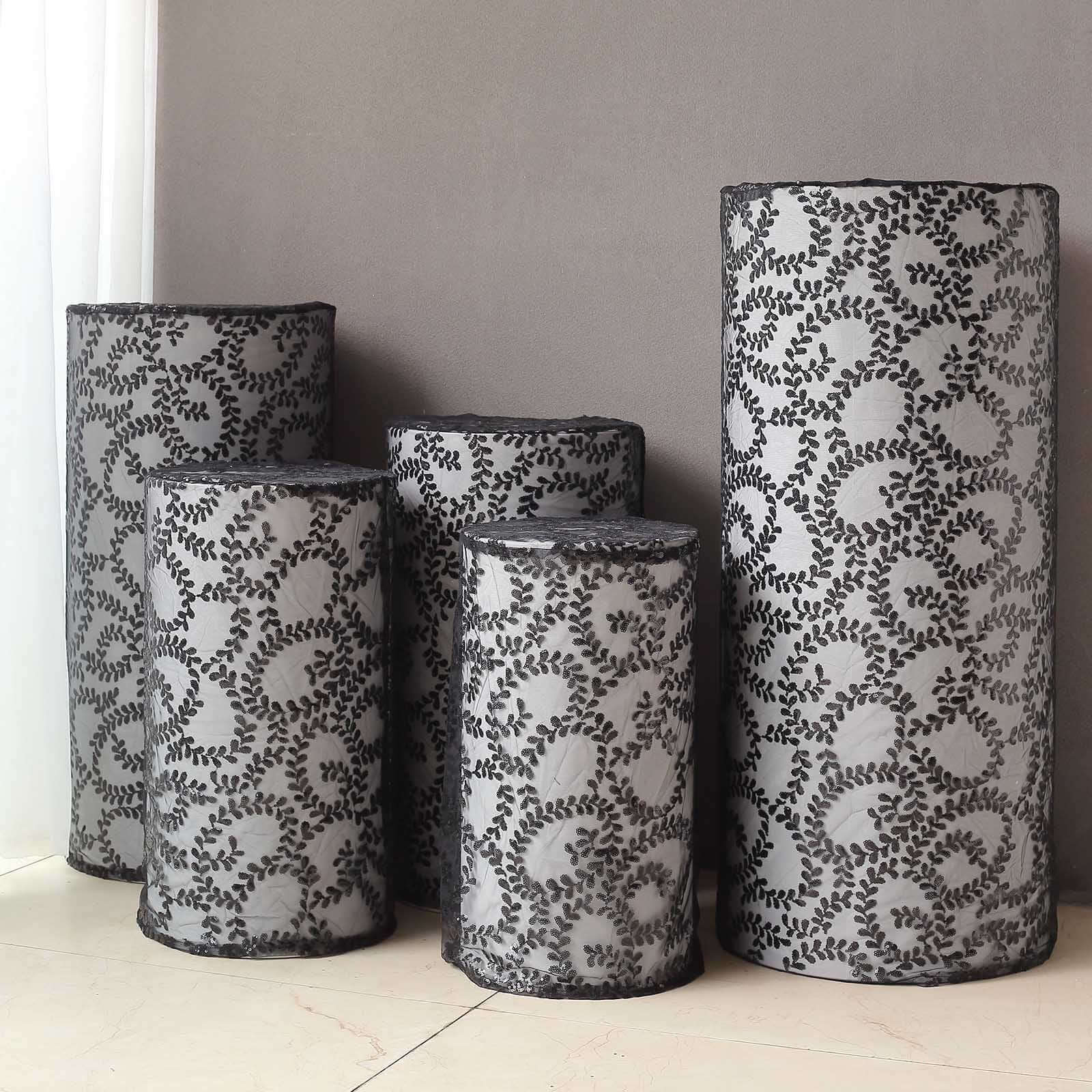 Set of 5 Black Sequin Mesh Cylinder Pedestal Stand Covers with Leaf Vine Embroidery, Sparkly Sheer Tulle Pillar Prop Covers - Bell Racket Store