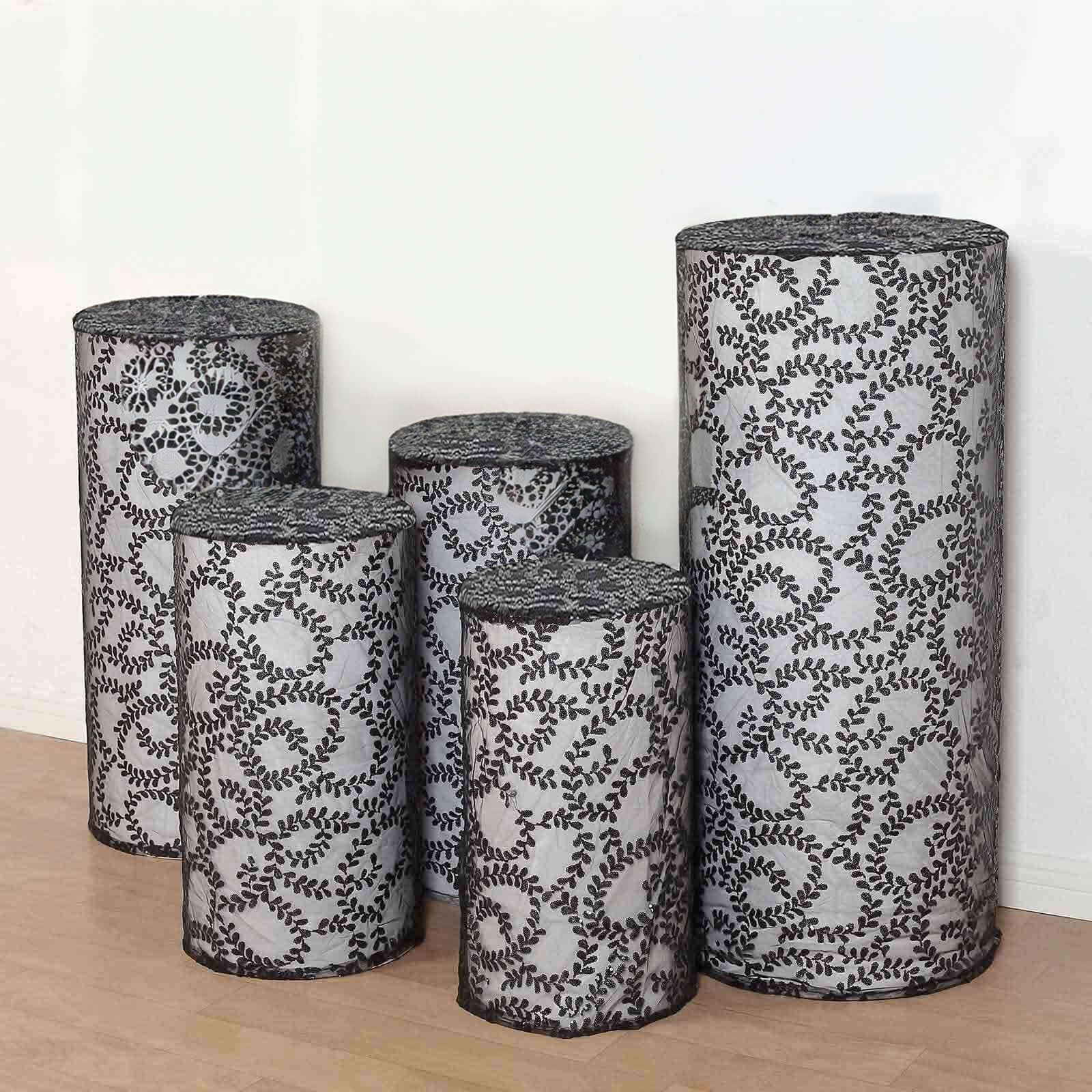 Set of 5 Black Sequin Mesh Cylinder Pedestal Stand Covers with Leaf Vine Embroidery, Sparkly Sheer Tulle Pillar Prop Covers - Bell Racket Store