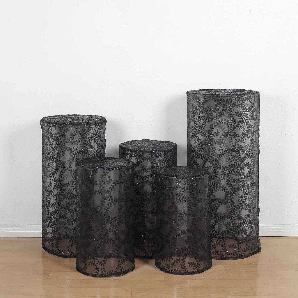 Set of 5 Black Sequin Mesh Cylinder Pedestal Stand Covers with Leaf Vine Embroidery, Sparkly Sheer Tulle Pillar Prop Covers - Bell Racket Store