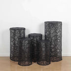 Set of 5 Black Sequin Mesh Cylinder Pedestal Stand Covers with Leaf Vine Embroidery, Sparkly Sheer Tulle Pillar Prop Covers - Bell Racket Store