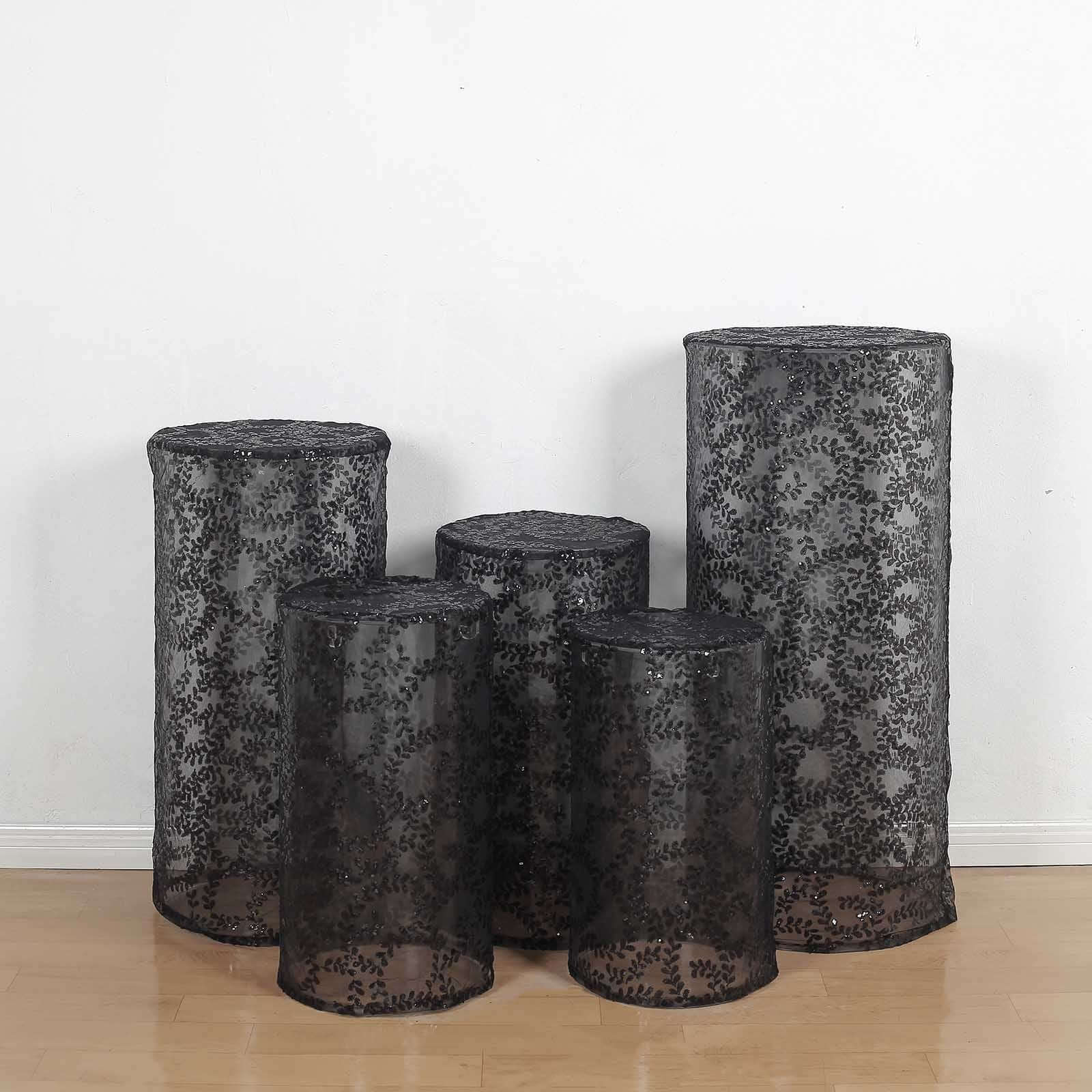 Set of 5 Black Sequin Mesh Cylinder Pedestal Stand Covers with Leaf Vine Embroidery, Sparkly Sheer Tulle Pillar Prop Covers - Bell Racket Store