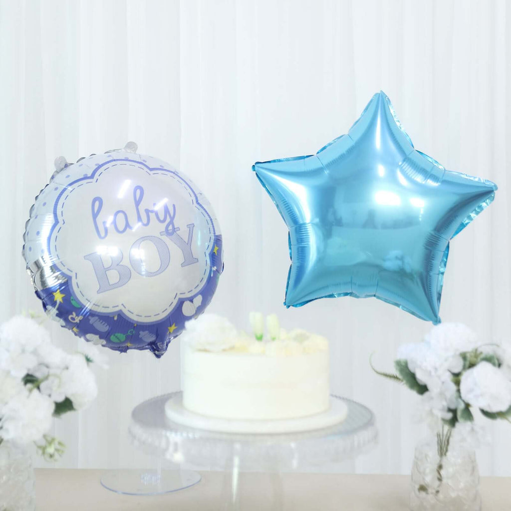 Set of 5 Blue White Boy Baby Shower Mylar Foil Balloon Set, Star, Round and Baby Carriage Balloon Bouquet With Ribbon, Gender Reveal Party Decorations - Bell Racket Store