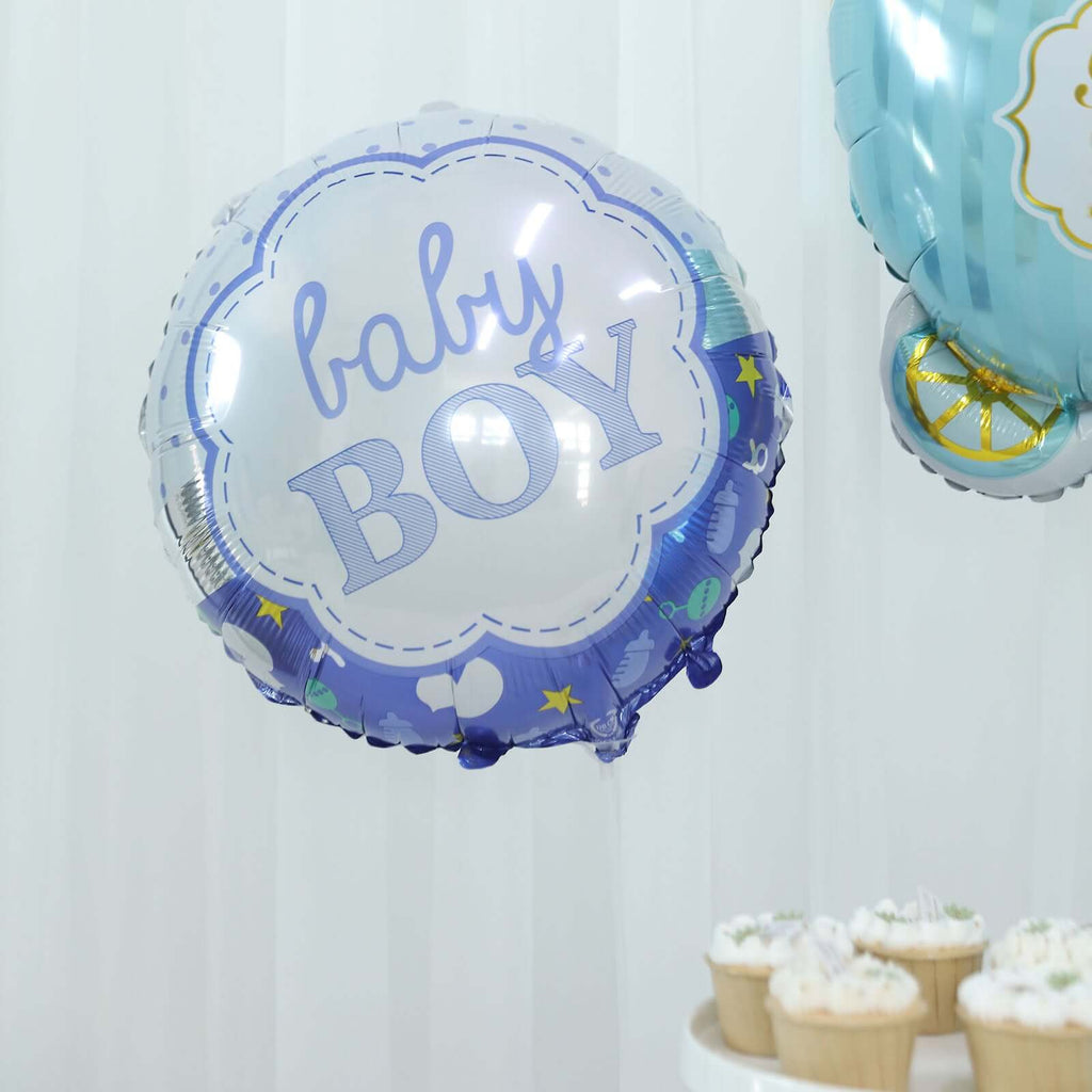 Set of 5 Blue White Boy Baby Shower Mylar Foil Balloon Set, Star, Round and Baby Carriage Balloon Bouquet With Ribbon, Gender Reveal Party Decorations - Bell Racket Store