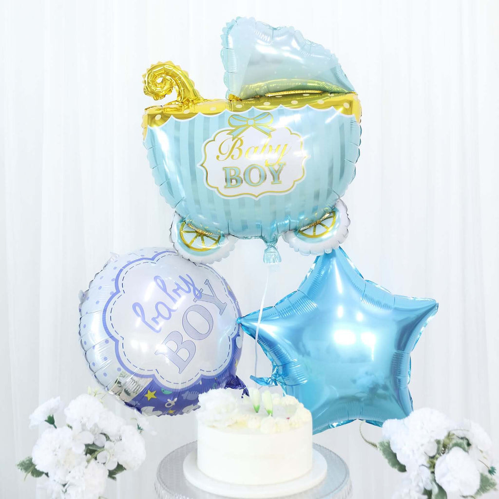 Set of 5 Blue White Boy Baby Shower Mylar Foil Balloon Set, Star, Round and Baby Carriage Balloon Bouquet With Ribbon, Gender Reveal Party Decorations - Bell Racket Store