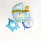 Set of 5 Blue White Boy Baby Shower Mylar Foil Balloon Set, Star, Round and Baby Carriage Balloon Bouquet With Ribbon, Gender Reveal Party Decorations - Bell Racket Store