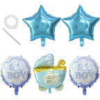 Set of 5 Blue White Boy Baby Shower Mylar Foil Balloon Set, Star, Round and Baby Carriage Balloon Bouquet With Ribbon, Gender Reveal Party Decorations - Bell Racket Store