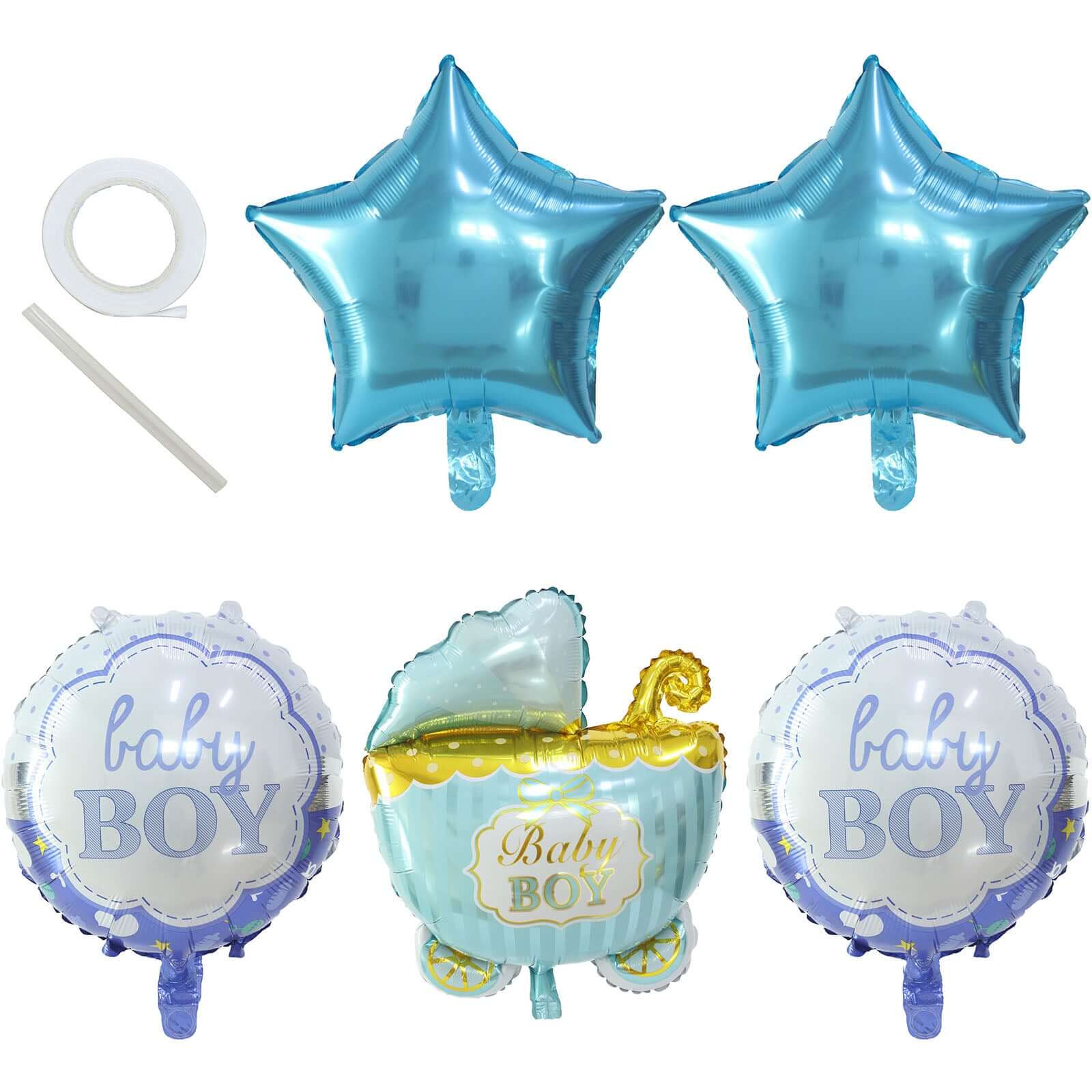 Set of 5 Blue White Boy Baby Shower Mylar Foil Balloon Set, Star, Round and Baby Carriage Balloon Bouquet With Ribbon, Gender Reveal Party Decorations - Bell Racket Store