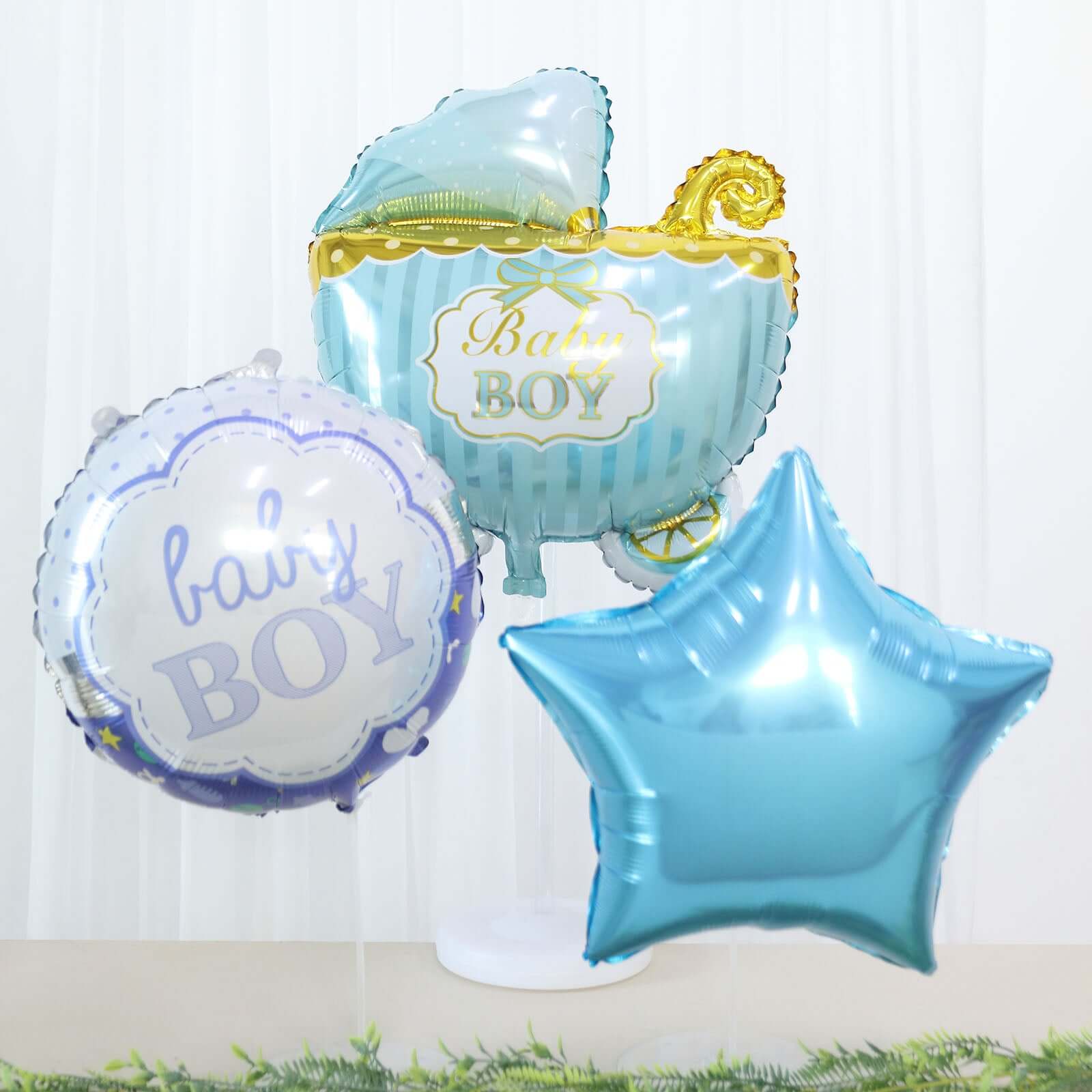 Set of 5 Blue White Boy Baby Shower Mylar Foil Balloon Set, Star, Round and Baby Carriage Balloon Bouquet With Ribbon, Gender Reveal Party Decorations - Bell Racket Store