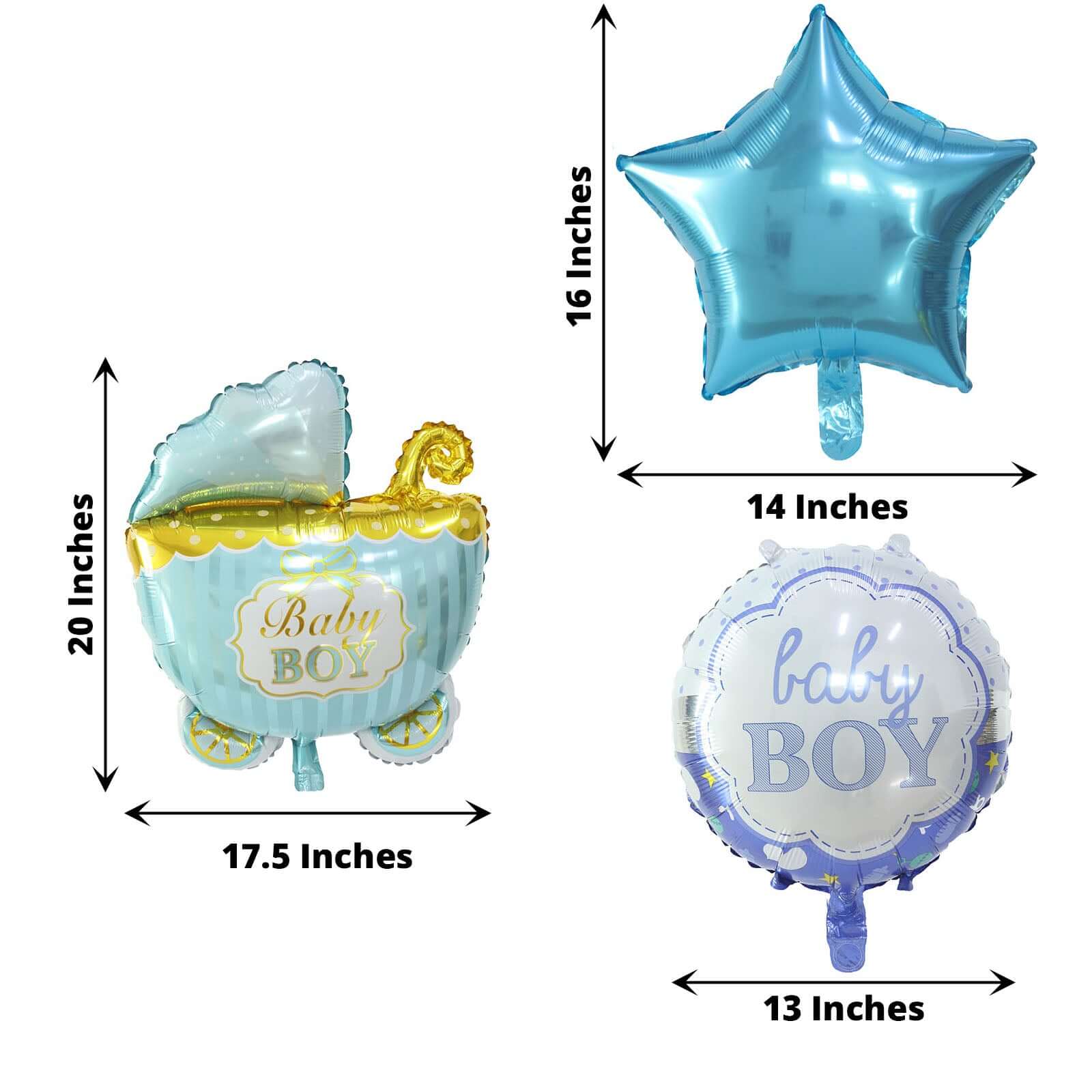 Set of 5 Blue White Boy Baby Shower Mylar Foil Balloon Set, Star, Round and Baby Carriage Balloon Bouquet With Ribbon, Gender Reveal Party Decorations - Bell Racket Store