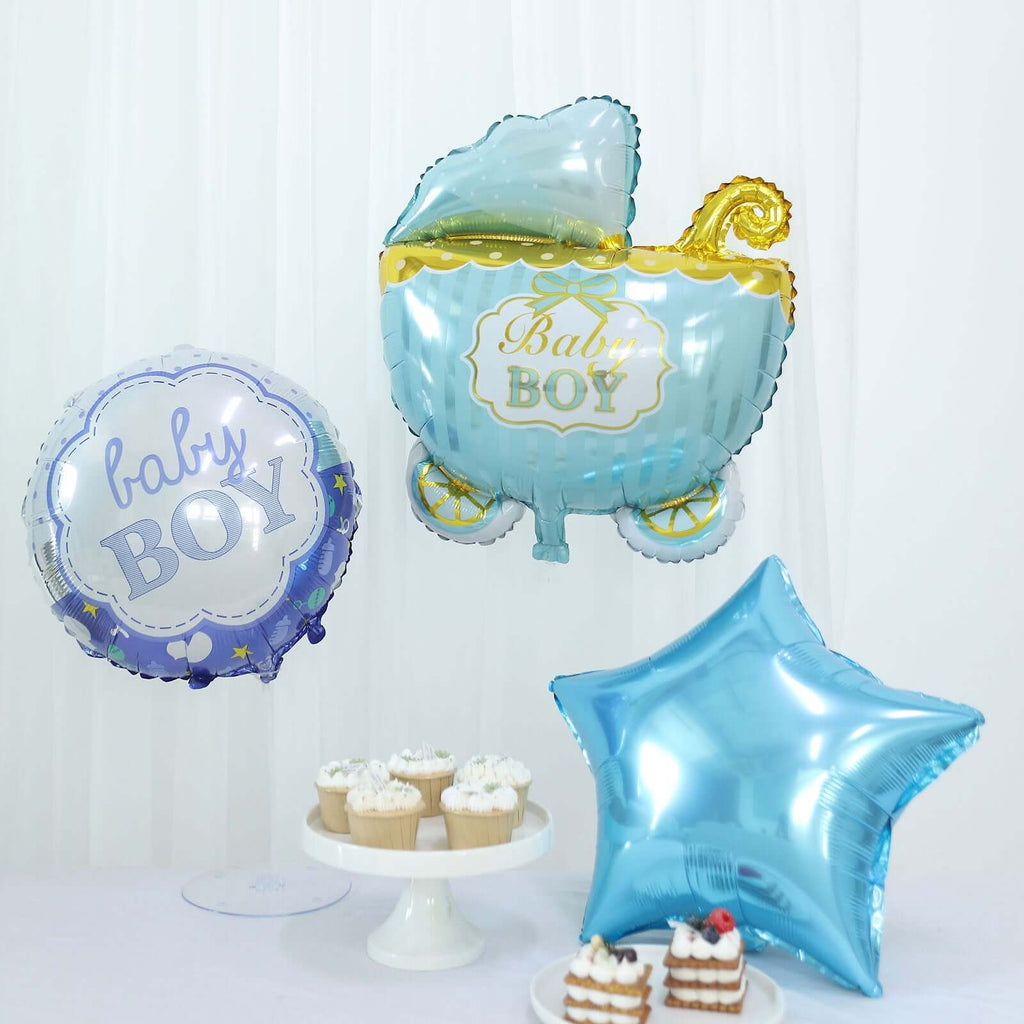 Set of 5 Blue White Boy Baby Shower Mylar Foil Balloon Set, Star, Round and Baby Carriage Balloon Bouquet With Ribbon, Gender Reveal Party Decorations - Bell Racket Store
