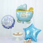Set of 5 Blue White Boy Baby Shower Mylar Foil Balloon Set, Star, Round and Baby Carriage Balloon Bouquet With Ribbon, Gender Reveal Party Decorations - Bell Racket Store
