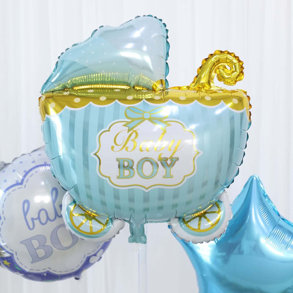 Set of 5 Blue White Boy Baby Shower Mylar Foil Balloon Set, Star, Round and Baby Carriage Balloon Bouquet With Ribbon, Gender Reveal Party Decorations - Bell Racket Store