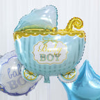 Set of 5 Blue White Boy Baby Shower Mylar Foil Balloon Set, Star, Round and Baby Carriage Balloon Bouquet With Ribbon, Gender Reveal Party Decorations - Bell Racket Store
