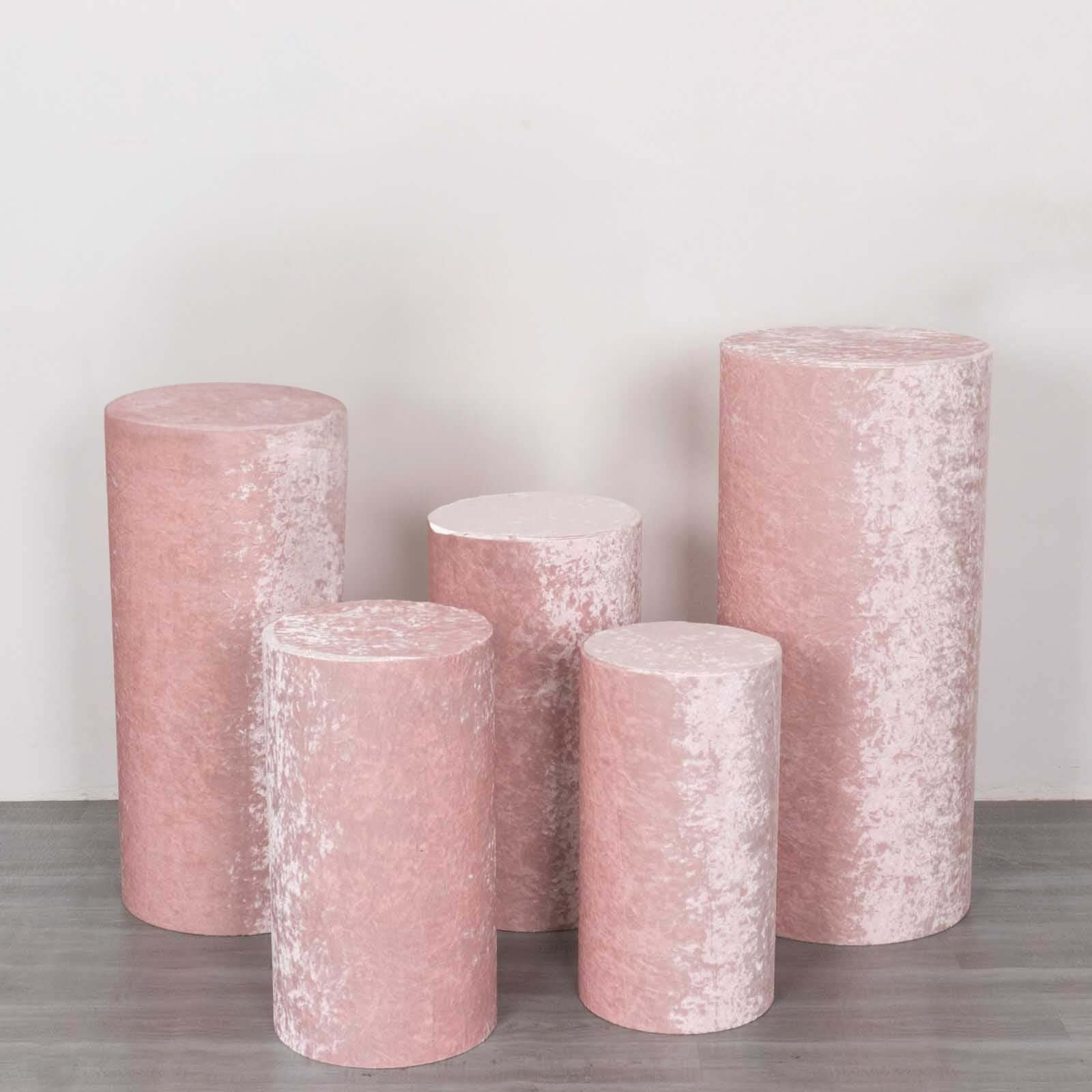 Set of 5 Blush Crushed Velvet Cylinder Pedestal Stand Covers, Premium Pillar Prop Covers - Bell Racket Store