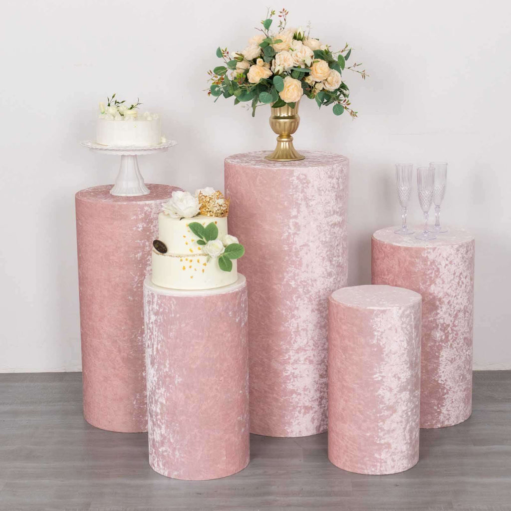 Set of 5 Blush Crushed Velvet Cylinder Pedestal Stand Covers, Premium Pillar Prop Covers - Bell Racket Store
