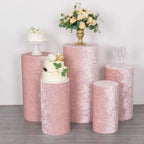 Set of 5 Blush Crushed Velvet Cylinder Pedestal Stand Covers, Premium Pillar Prop Covers - Bell Racket Store