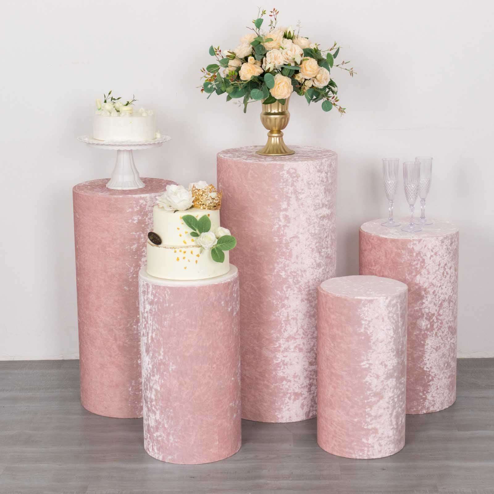 Set of 5 Blush Crushed Velvet Cylinder Pedestal Stand Covers, Premium Pillar Prop Covers - Bell Racket Store