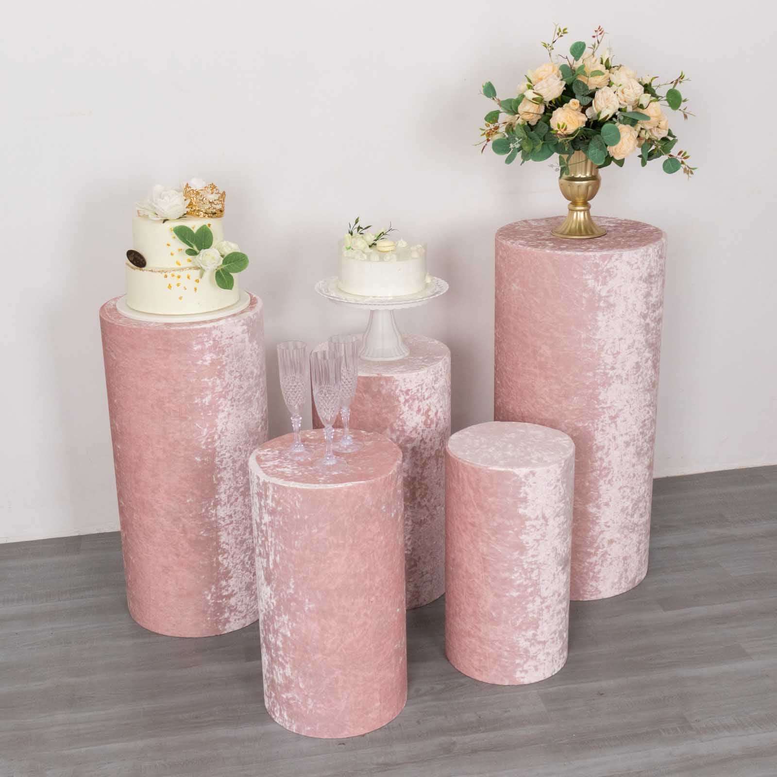 Set of 5 Blush Crushed Velvet Cylinder Pedestal Stand Covers, Premium Pillar Prop Covers - Bell Racket Store