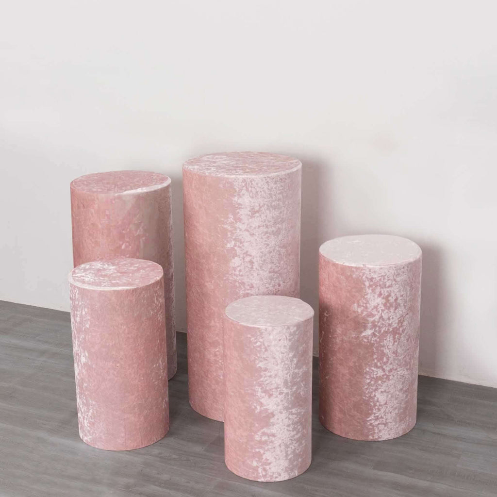 Set of 5 Blush Crushed Velvet Cylinder Pedestal Stand Covers, Premium Pillar Prop Covers - Bell Racket Store