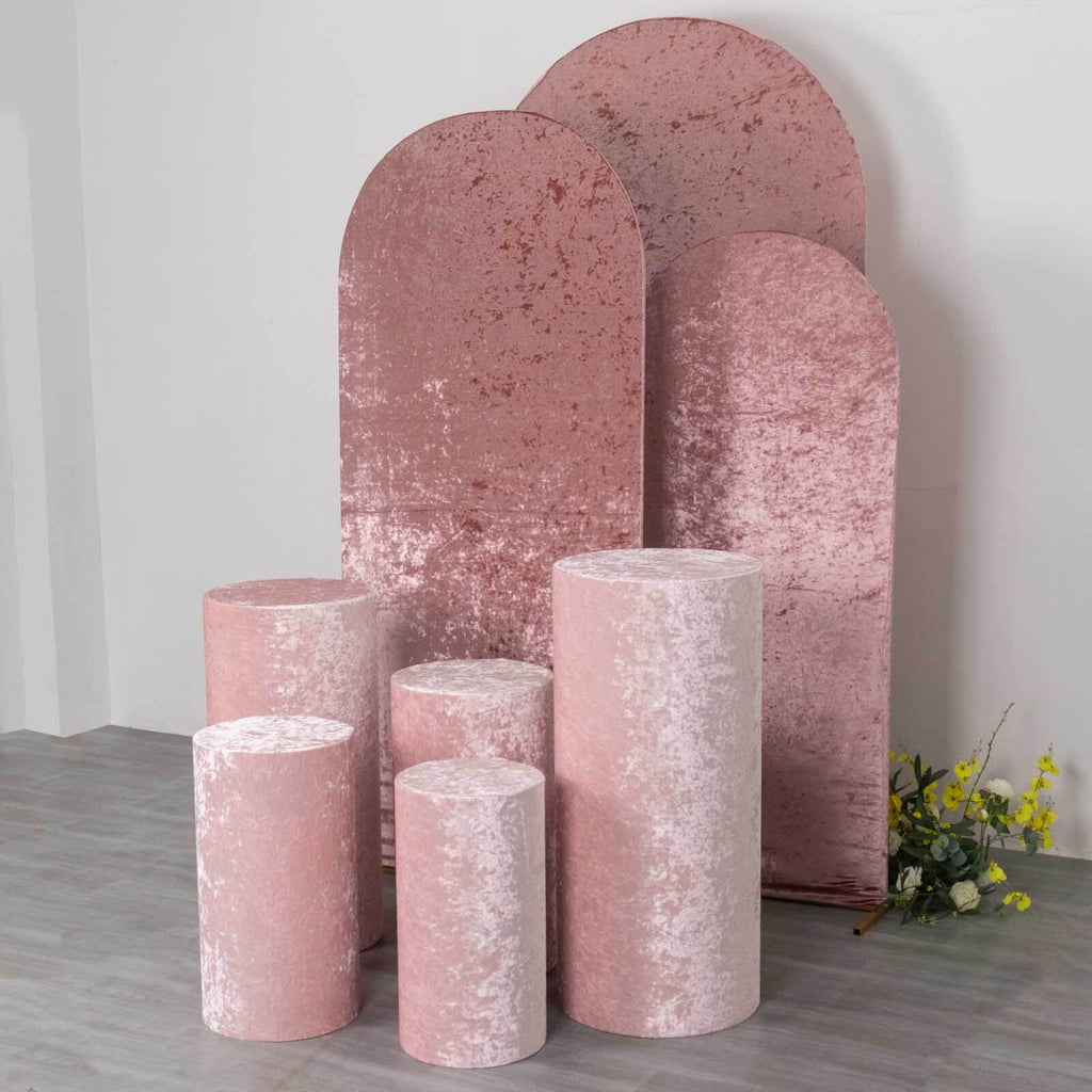 Set of 5 Blush Crushed Velvet Cylinder Pedestal Stand Covers, Premium Pillar Prop Covers - Bell Racket Store