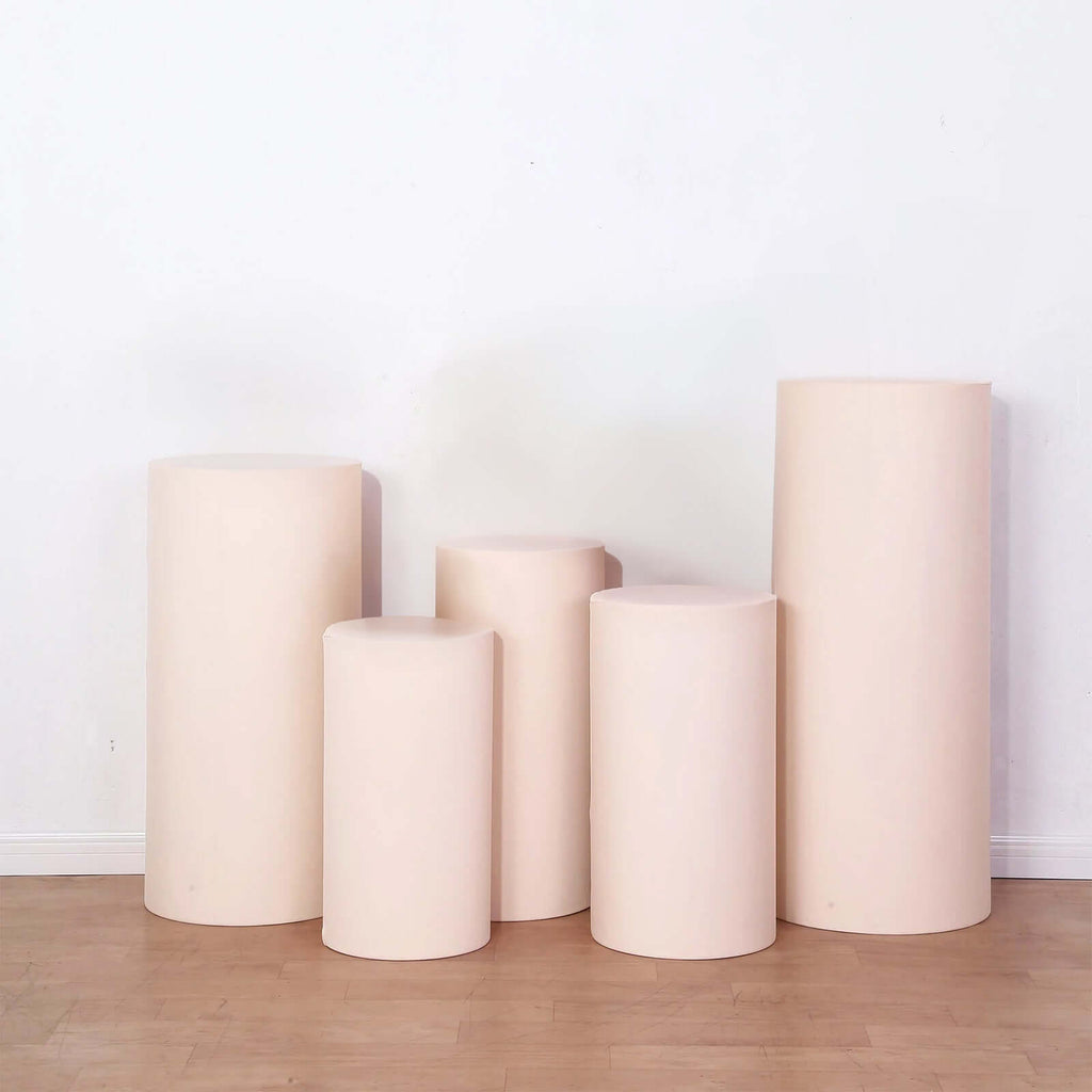 Set of 5 Blush Spandex Cylinder Pedestal Stand Covers, Stretchable Pillar Prop Covers - 160 GSM - Bell Racket Store