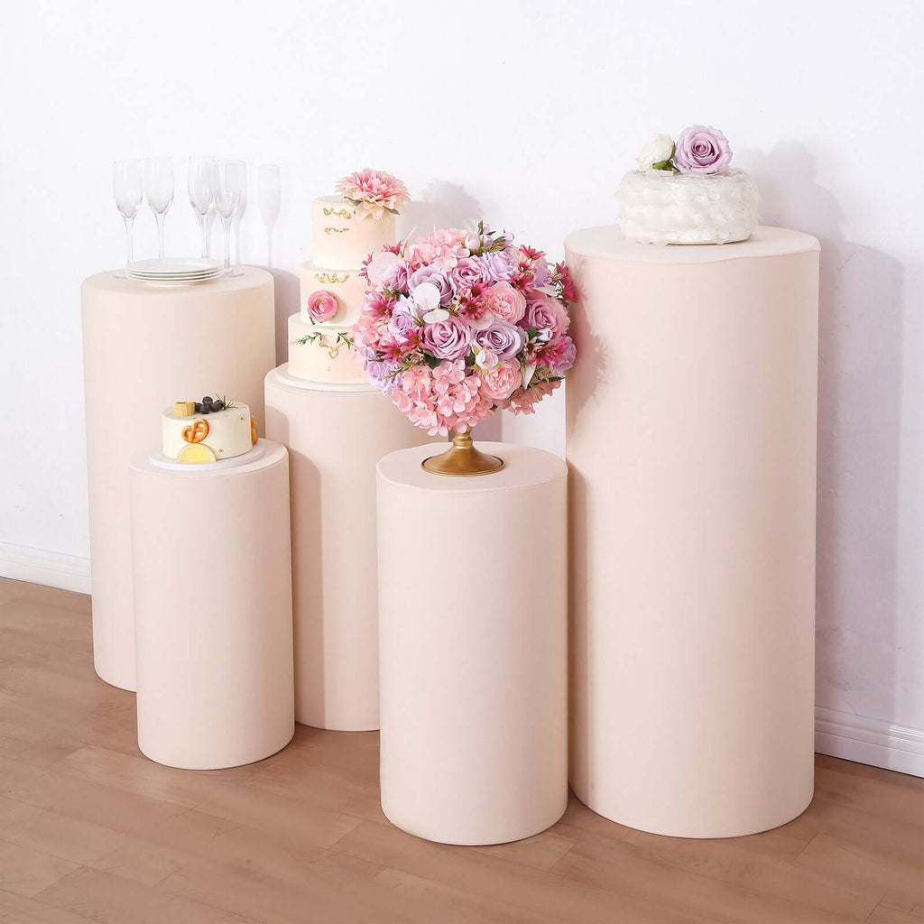 Set of 5 Blush Spandex Cylinder Pedestal Stand Covers, Stretchable Pillar Prop Covers - 160 GSM - Bell Racket Store
