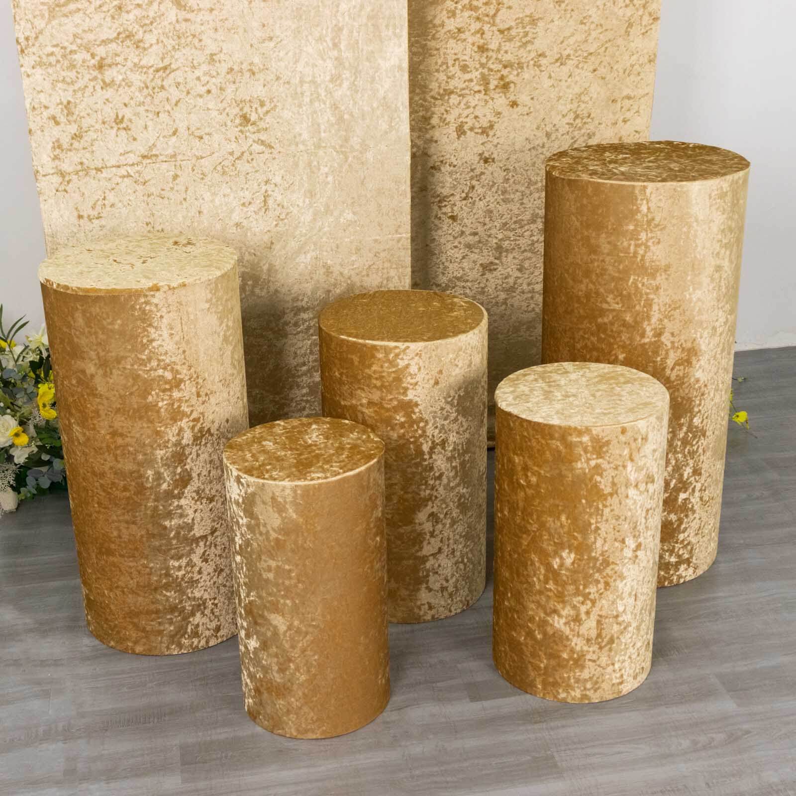 Set of 5 Champagne Crushed Velvet Cylinder Pedestal Stand Covers, Premium Pillar Prop Covers - Bell Racket Store