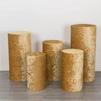 Set of 5 Champagne Crushed Velvet Cylinder Pedestal Stand Covers, Premium Pillar Prop Covers - Bell Racket Store