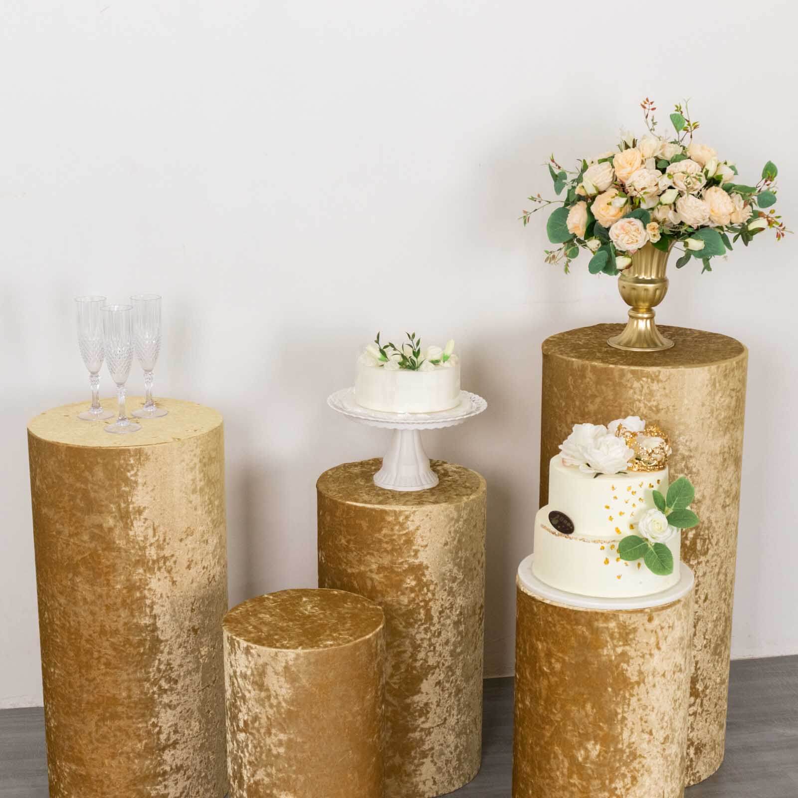 Set of 5 Champagne Crushed Velvet Cylinder Pedestal Stand Covers, Premium Pillar Prop Covers - Bell Racket Store