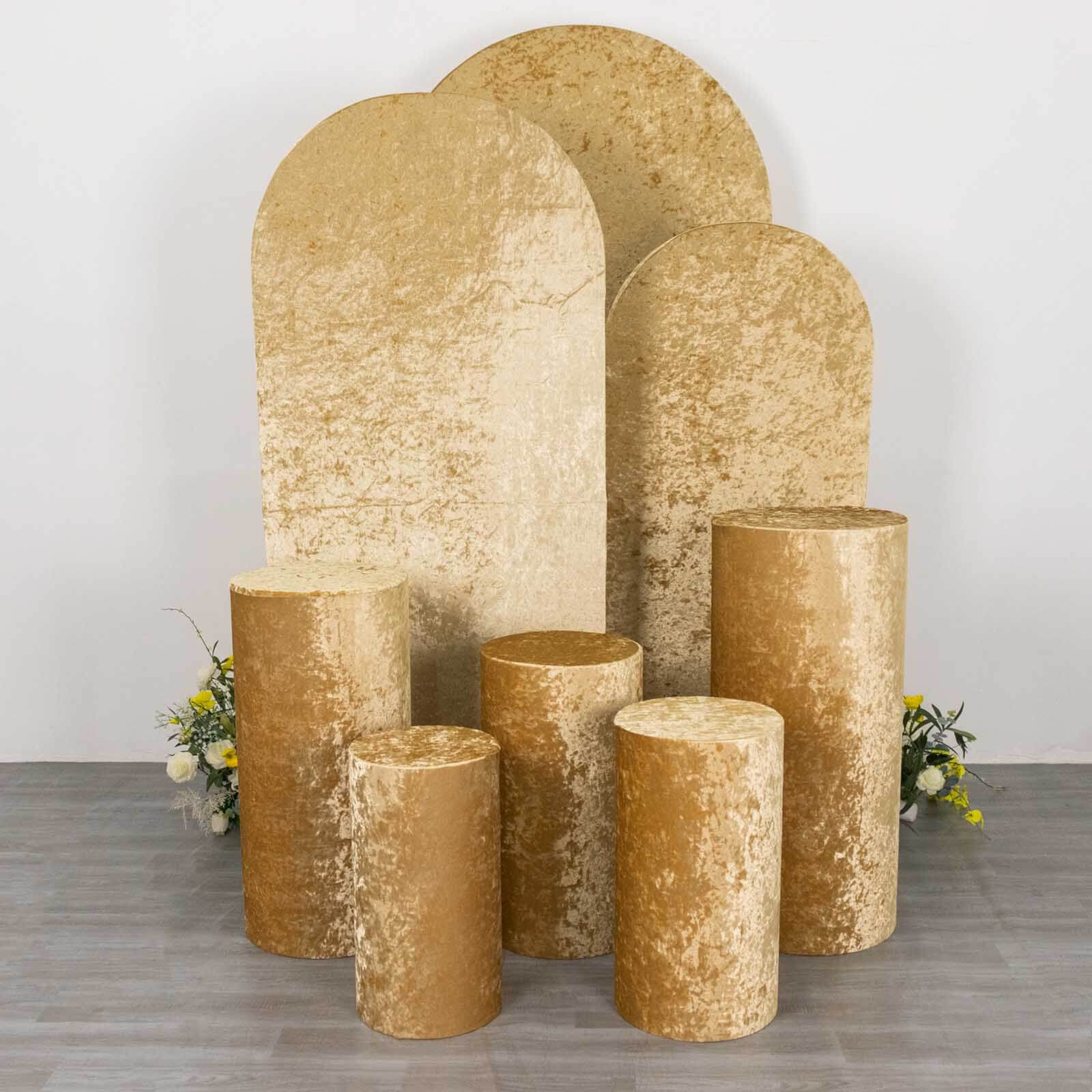 Set of 5 Champagne Crushed Velvet Cylinder Pedestal Stand Covers, Premium Pillar Prop Covers - Bell Racket Store