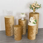 Set of 5 Champagne Crushed Velvet Cylinder Pedestal Stand Covers, Premium Pillar Prop Covers - Bell Racket Store