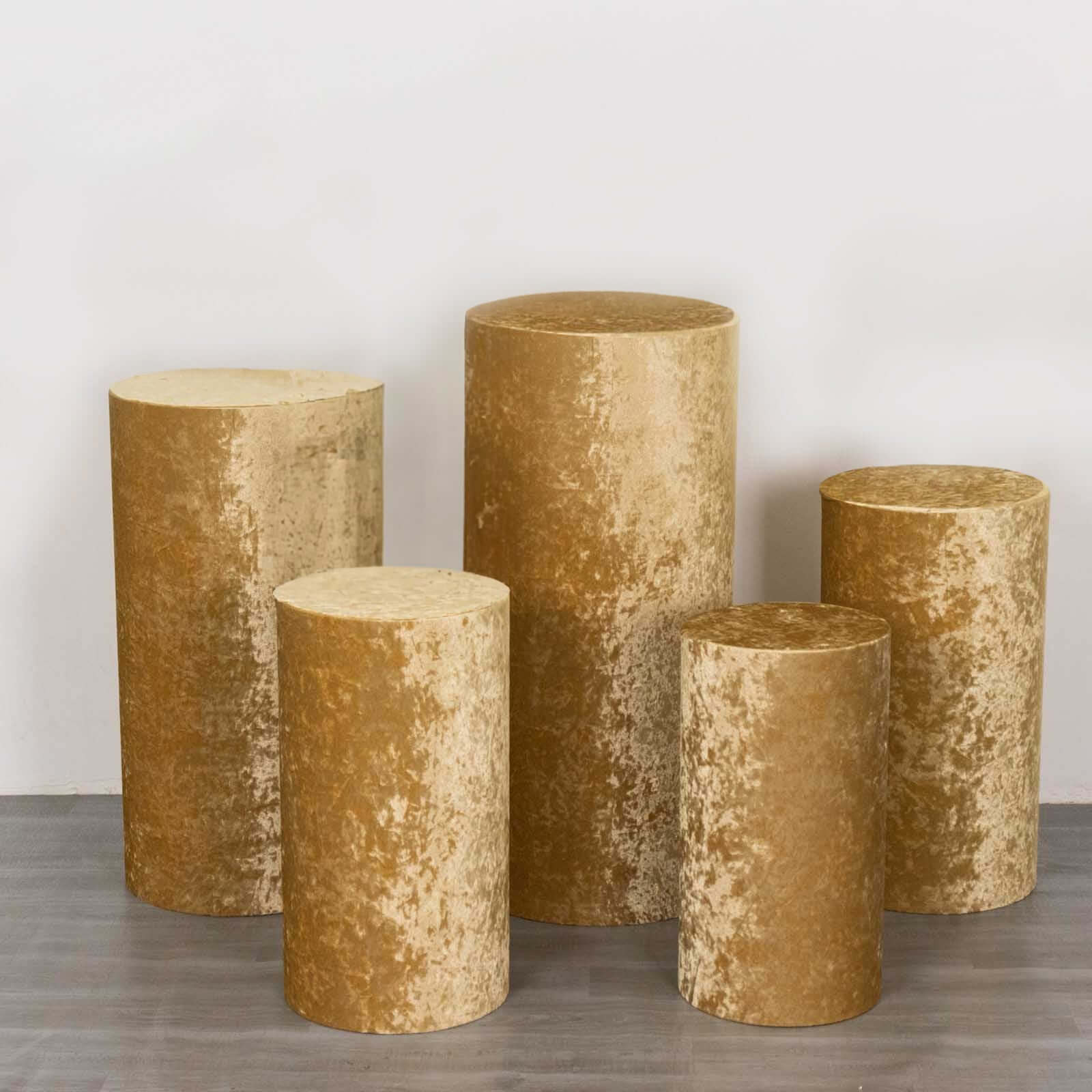 Set of 5 Champagne Crushed Velvet Cylinder Pedestal Stand Covers, Premium Pillar Prop Covers - Bell Racket Store