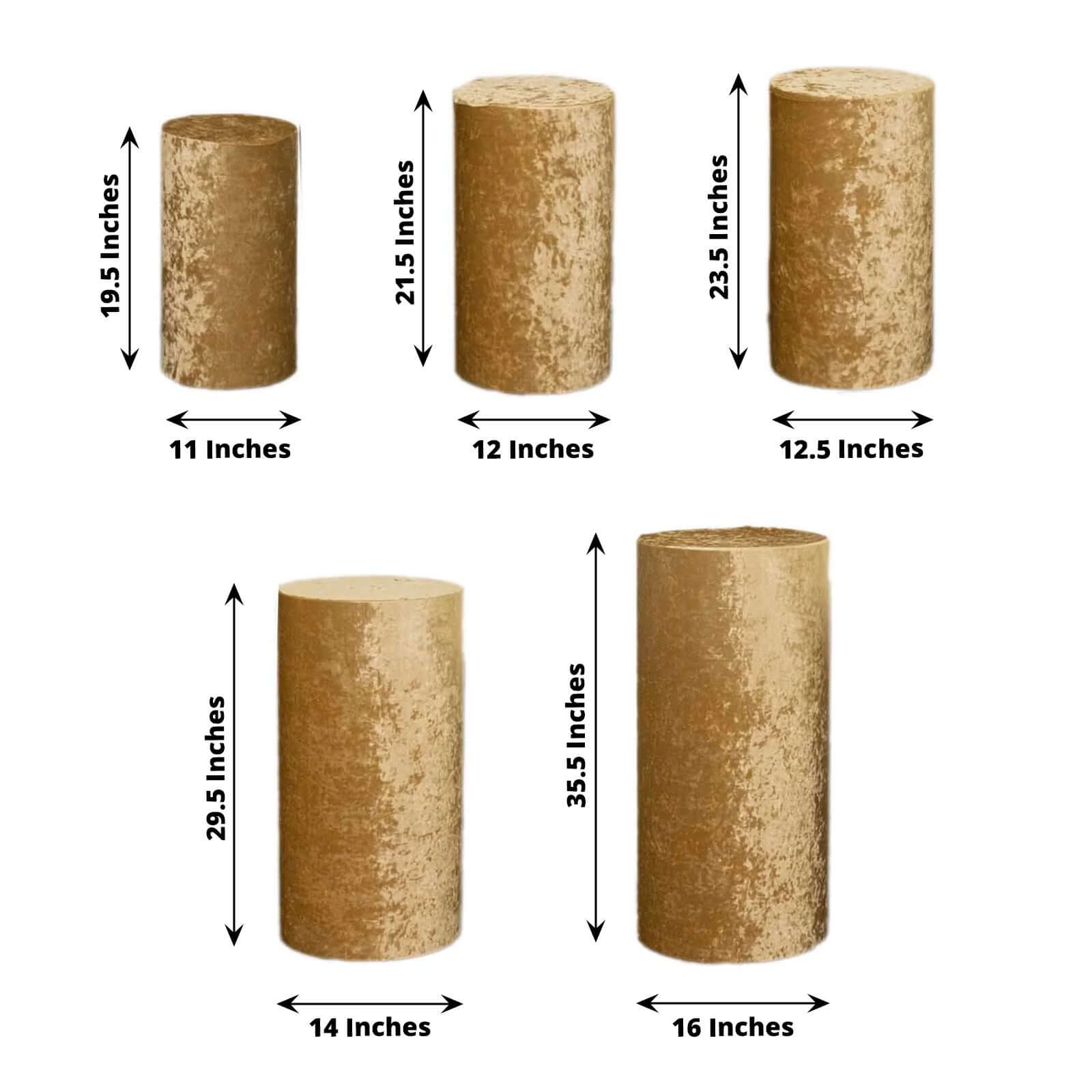 Set of 5 Champagne Crushed Velvet Cylinder Pedestal Stand Covers, Premium Pillar Prop Covers - Bell Racket Store