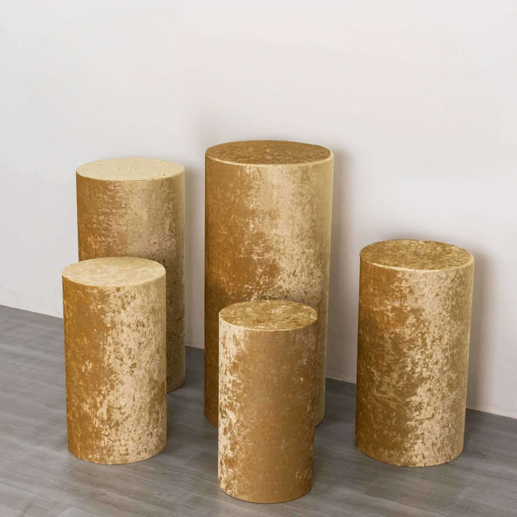 Set of 5 Champagne Crushed Velvet Cylinder Pedestal Stand Covers, Premium Pillar Prop Covers - Bell Racket Store