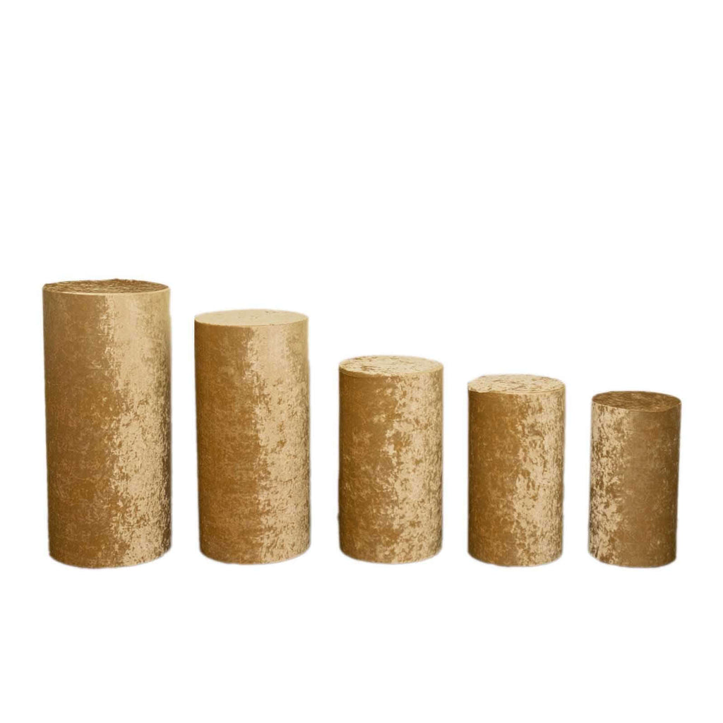 Set of 5 Champagne Crushed Velvet Cylinder Pedestal Stand Covers, Premium Pillar Prop Covers - Bell Racket Store
