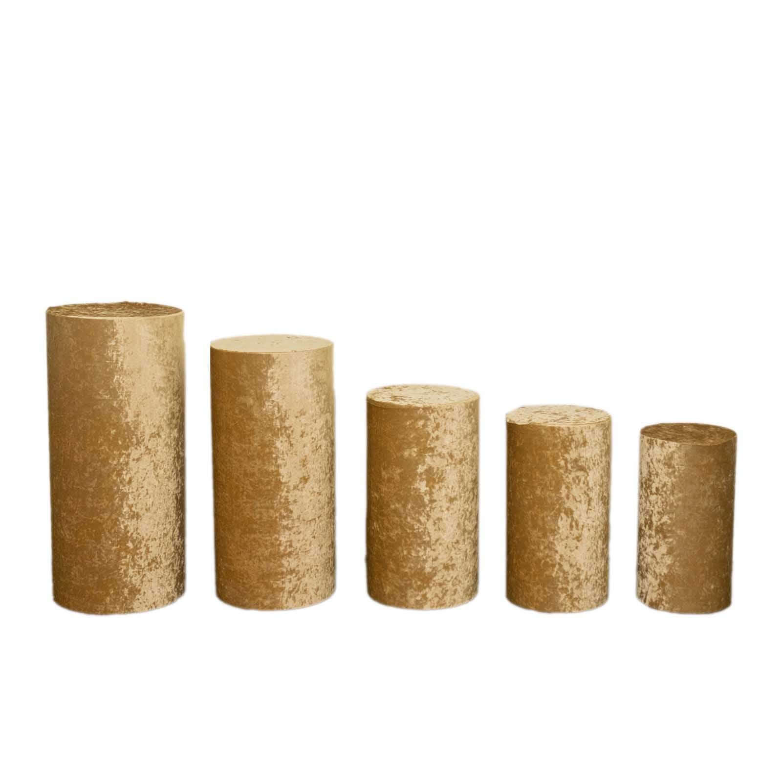 Set of 5 Champagne Crushed Velvet Cylinder Pedestal Stand Covers, Premium Pillar Prop Covers - Bell Racket Store