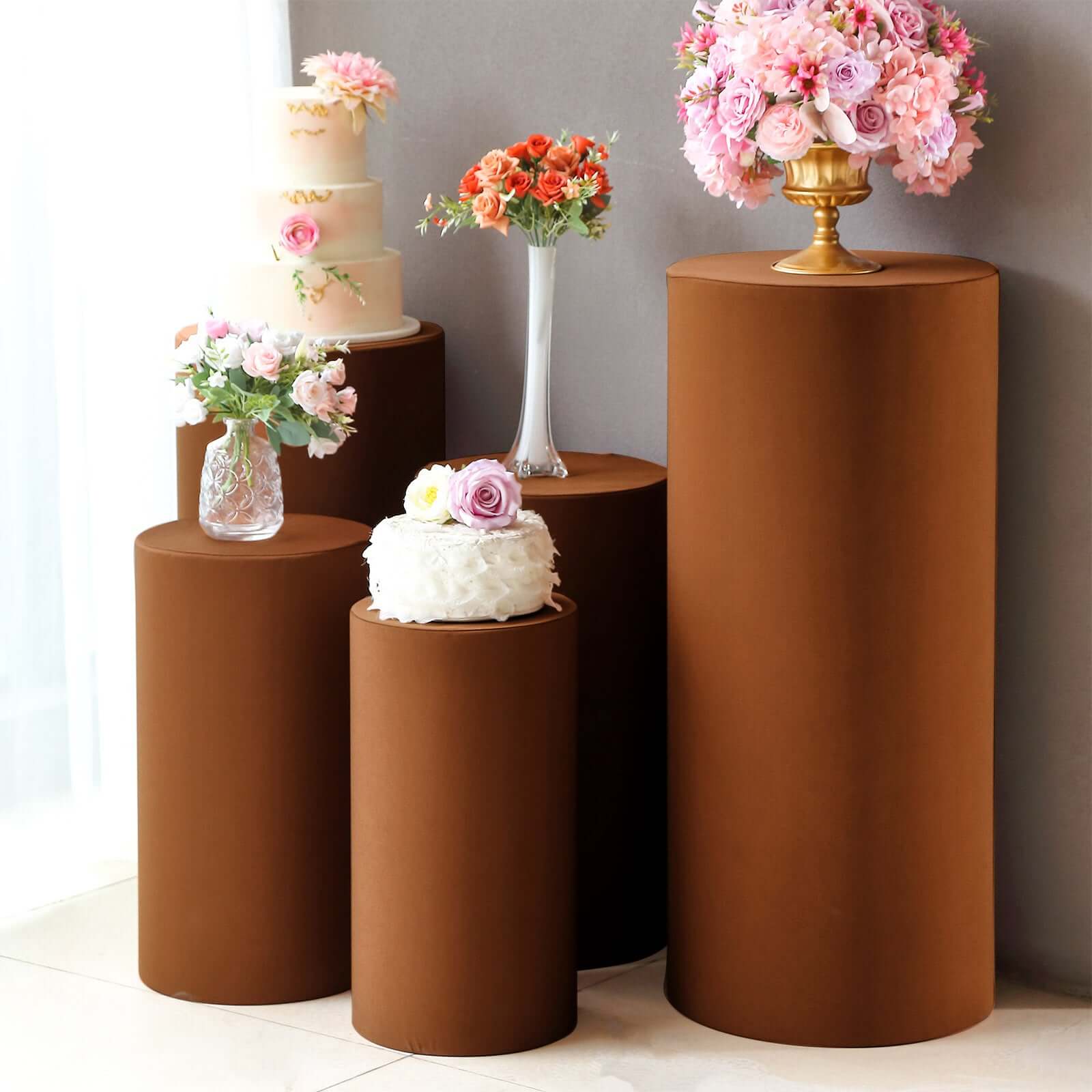 Set of 5 Cinnamon Brown Spandex Cylinder Pedestal Stand Covers, Stretchable Pillar Prop Covers - 160 GSM - Bell Racket Store