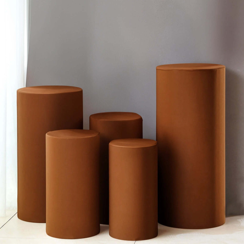 Set of 5 Cinnamon Brown Spandex Cylinder Pedestal Stand Covers, Stretchable Pillar Prop Covers - 160 GSM - Bell Racket Store