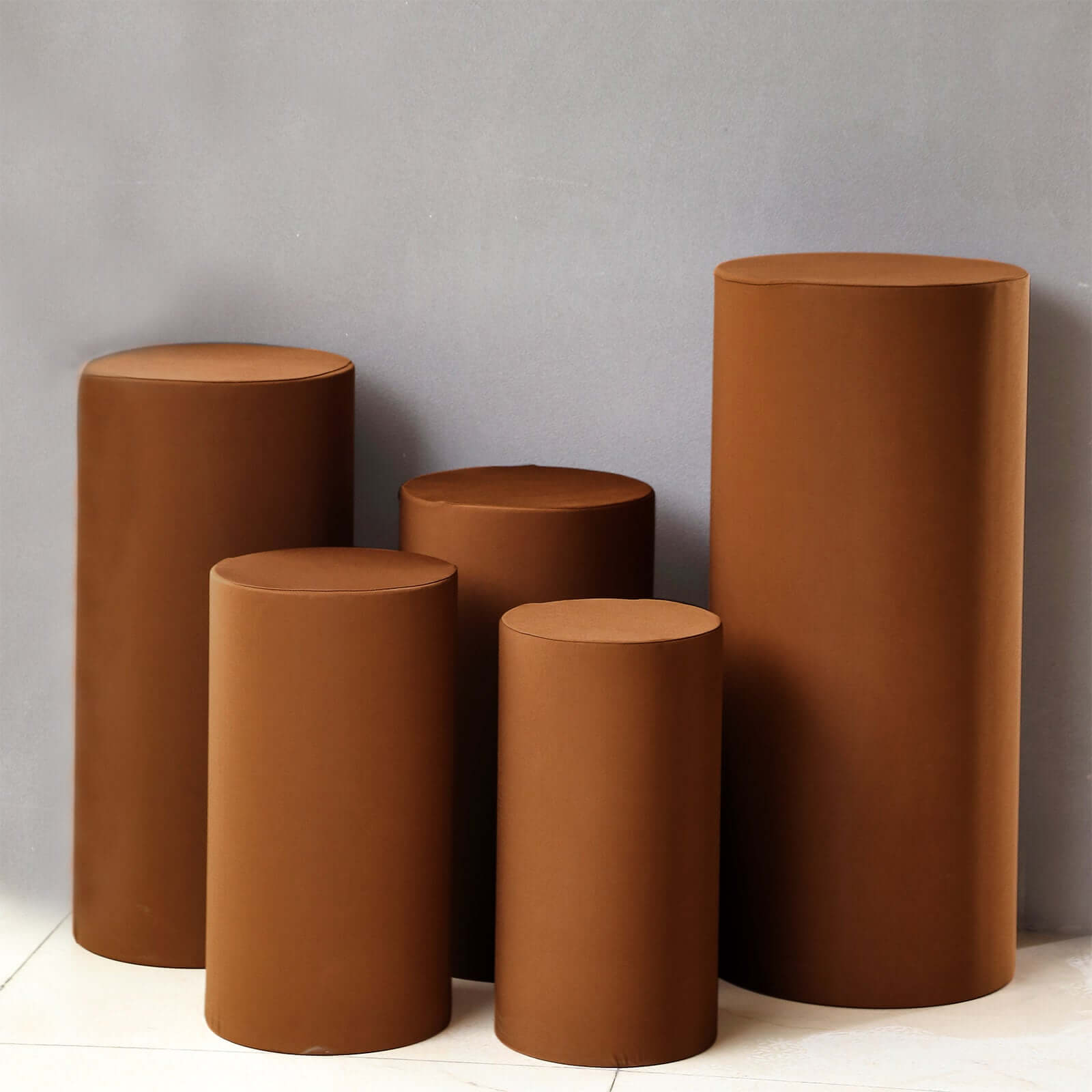 Set of 5 Cinnamon Brown Spandex Cylinder Pedestal Stand Covers, Stretchable Pillar Prop Covers - 160 GSM - Bell Racket Store