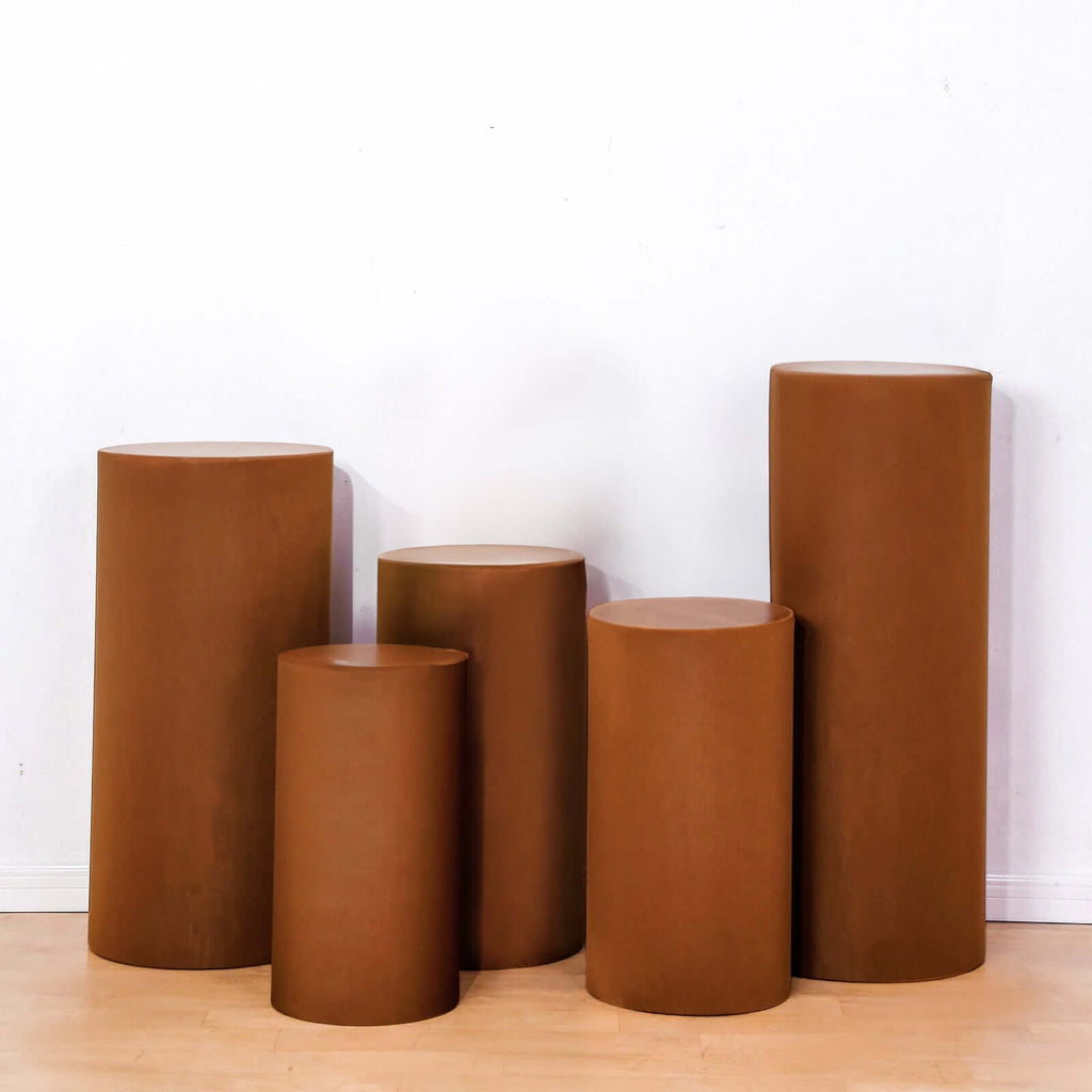 Set of 5 Cinnamon Brown Spandex Cylinder Pedestal Stand Covers, Stretchable Pillar Prop Covers - 160 GSM - Bell Racket Store