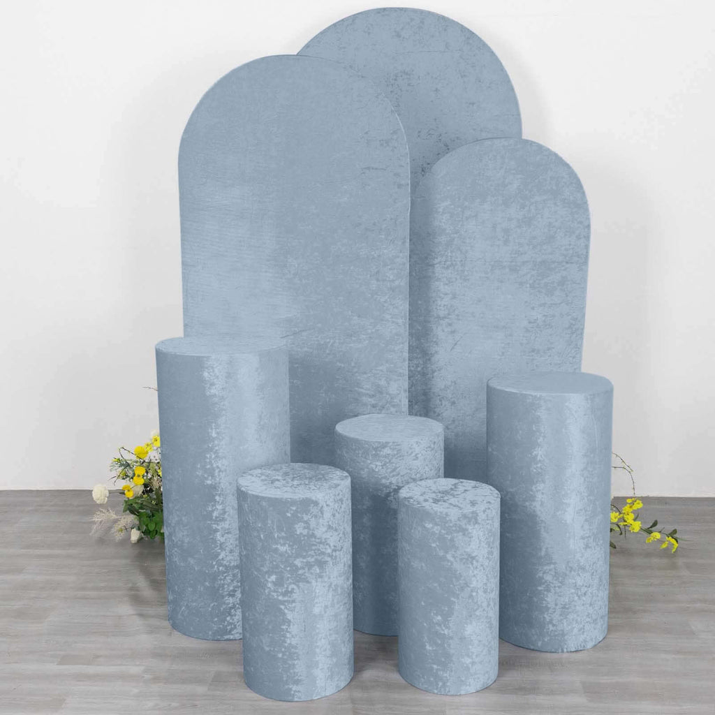 Set of 5 Dusty Blue Crushed Velvet Cylinder Pedestal Stand Covers, Premium Pillar Prop Covers - Bell Racket Store