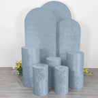 Set of 5 Dusty Blue Crushed Velvet Cylinder Pedestal Stand Covers, Premium Pillar Prop Covers - Bell Racket Store