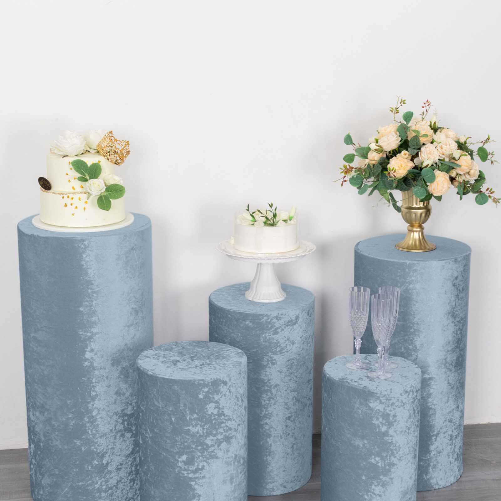 Set of 5 Dusty Blue Crushed Velvet Cylinder Pedestal Stand Covers, Premium Pillar Prop Covers - Bell Racket Store