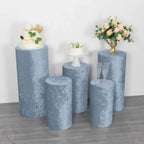 Set of 5 Dusty Blue Crushed Velvet Cylinder Pedestal Stand Covers, Premium Pillar Prop Covers - Bell Racket Store