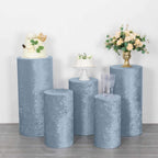 Set of 5 Dusty Blue Crushed Velvet Cylinder Pedestal Stand Covers, Premium Pillar Prop Covers - Bell Racket Store