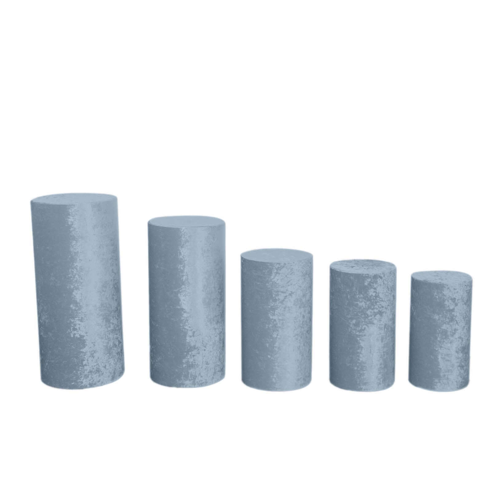 Set of 5 Dusty Blue Crushed Velvet Cylinder Pedestal Stand Covers, Premium Pillar Prop Covers - Bell Racket Store