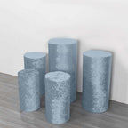 Set of 5 Dusty Blue Crushed Velvet Cylinder Pedestal Stand Covers, Premium Pillar Prop Covers - Bell Racket Store