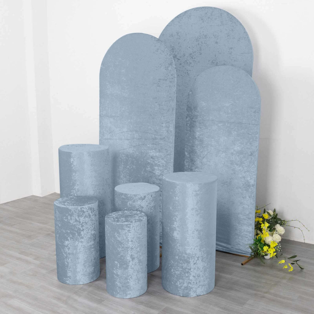 Set of 5 Dusty Blue Crushed Velvet Cylinder Pedestal Stand Covers, Premium Pillar Prop Covers - Bell Racket Store