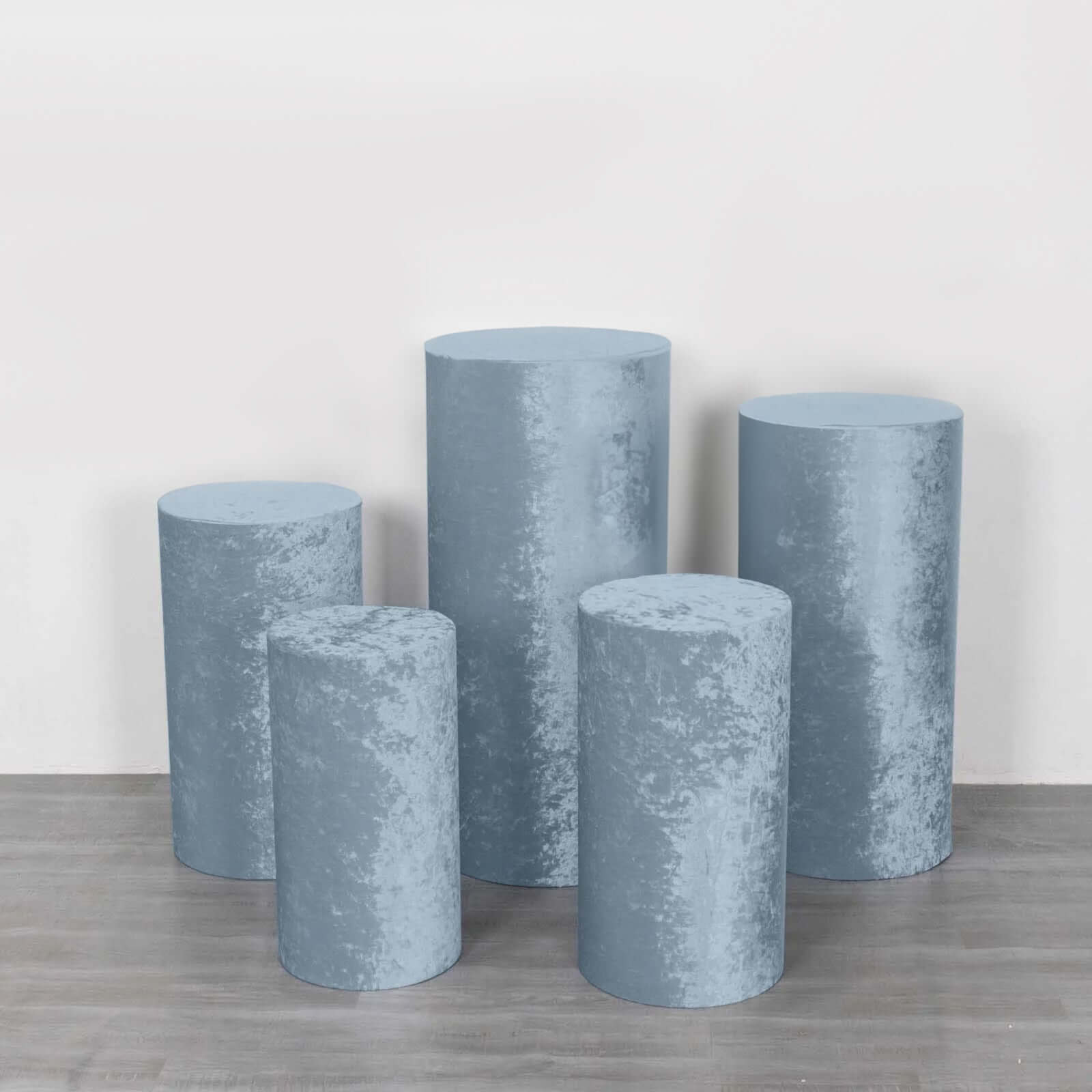 Set of 5 Dusty Blue Crushed Velvet Cylinder Pedestal Stand Covers, Premium Pillar Prop Covers - Bell Racket Store