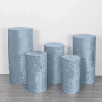 Set of 5 Dusty Blue Crushed Velvet Cylinder Pedestal Stand Covers, Premium Pillar Prop Covers - Bell Racket Store